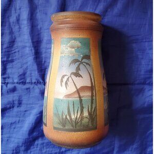 Vtg Jensen Pottery 10" Signed Raku Stoneware Vase 4 Hand Painted Tropic Seascape